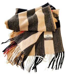 Sky Cashmere Fringed Virgin Wool Shawl Wrap Women OS Oblong Peachy-Beige Black